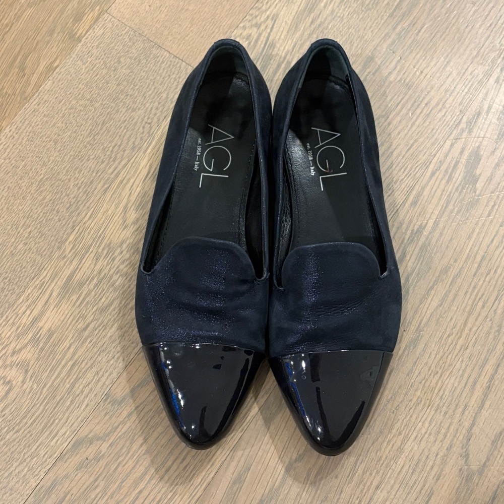 AGL Navy Loafers with Patent Toe - US 5/EU 35